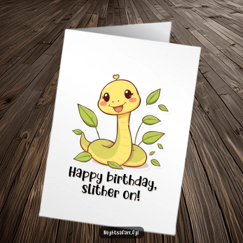 Funny Free Printable Birthday Card: A happy snake character playfully slithers through a pile of colorful leaves.