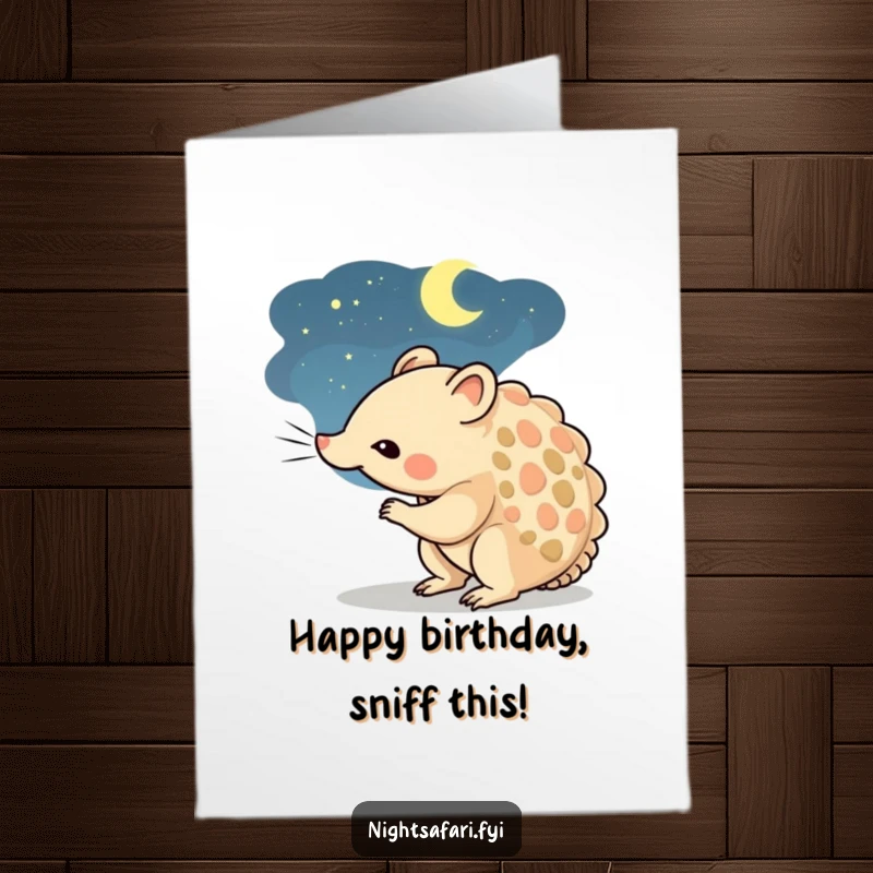 Funny Free Printable Birthday Card: A curious pangolin character is sniffing the dark night air with intrigue.