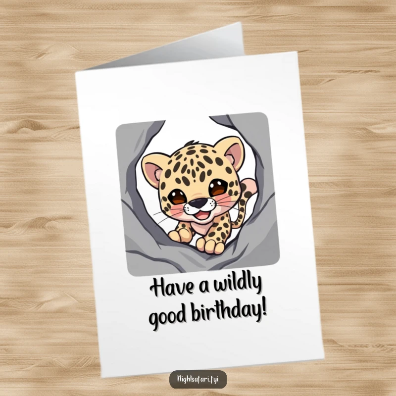 Funny Free Printable Birthday Card: A smiling leopard creeps through dark shadows with a mischievous grin, ready to pounce.