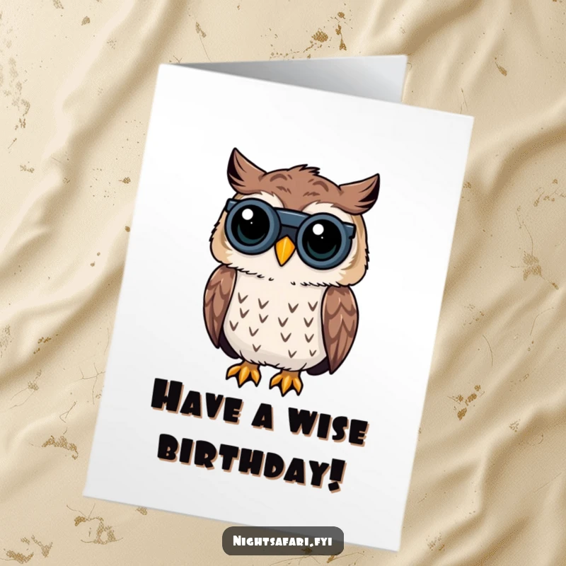 Funny Free Printable Birthday Card: An owl with tiny binoculars peers curiously, ready to find birthday fun.