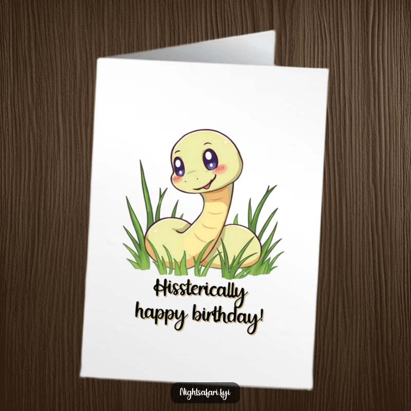 Funny Free Printable Happy Birthday card showing a smiling snake with glowing eyes slithering playfully, ready to deliver a hilarious wish.