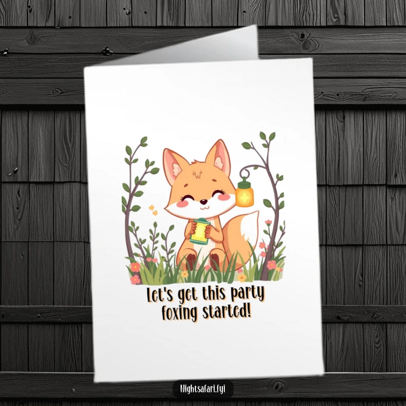 Funny Free Printable Birthday Card: A smiling fox with a glowing lantern peeking from bushes, wishing happy birthday.