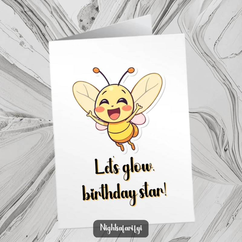 Funny Free Printable Birthday Card: Excited firefly character glowing brightly with pure joy. Radiant downloadable birthday art.