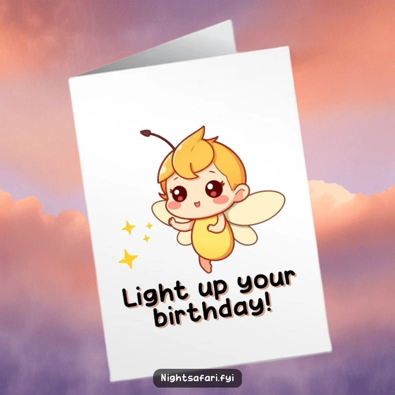 Funny Free Printable Birthday Card: Firefly character playfully zipping around emitting soft light, a magical birthday gift.