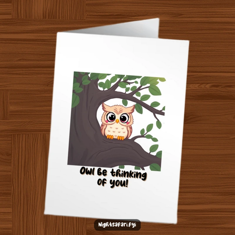 Free Printable Birthday Card: Curious owl with wide eyes peers mysteriously from a shadowy tree branch, full of wonder.