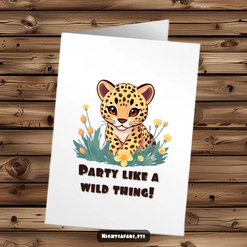 Funny Free Printable Birthday Card: Gentle-eyed leopard playfully stalking through glowing, magical flora.