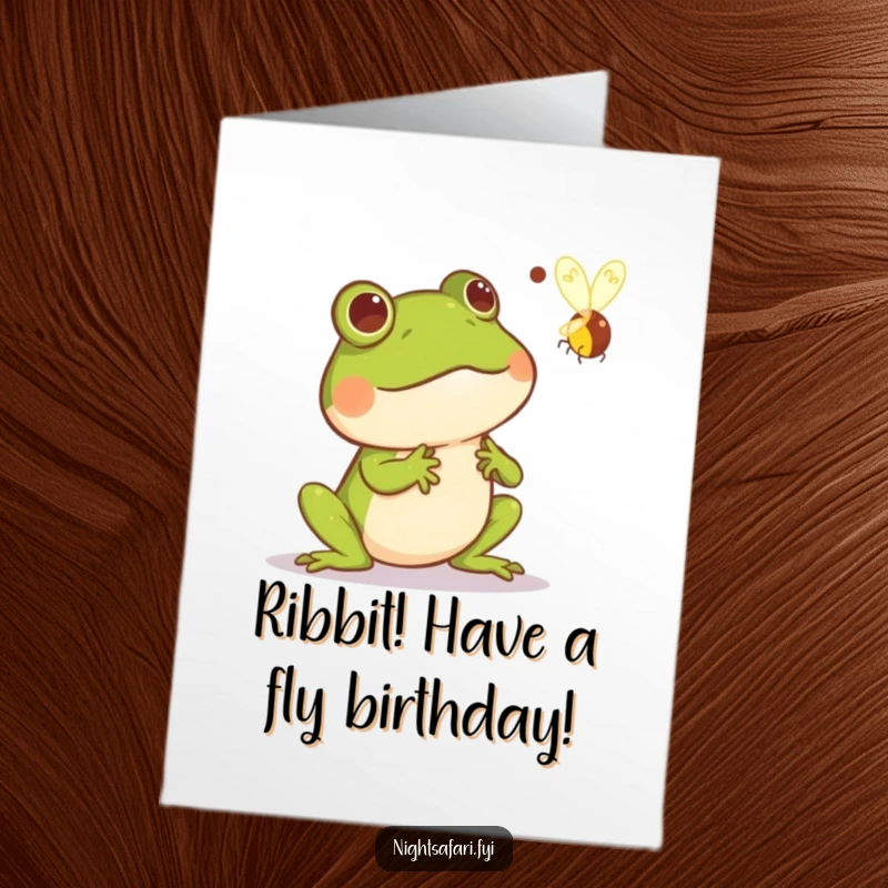 Funny Free Printable Birthday Card: A startled frog leaps from a glowing firefly zipping past him.