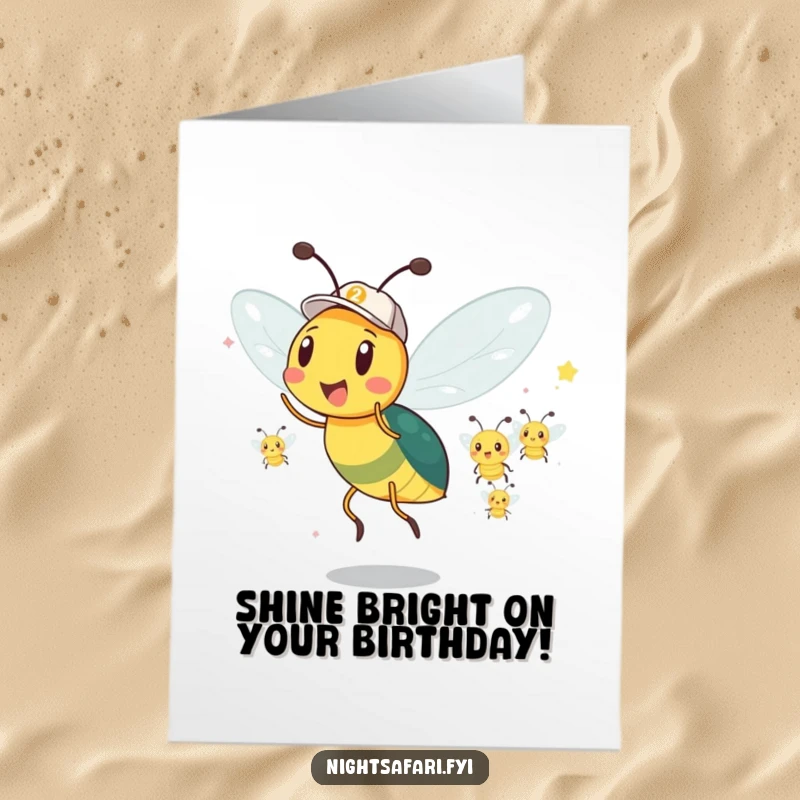 Funny Free Printable Birthday Card: An excited firefly in a cap leading a bright parade, celebrating birthdays.