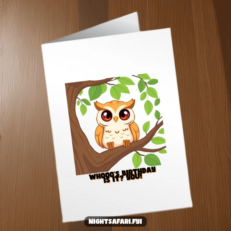 Funny Free Printable Birthday Card: A happy owl peering from a branch with wide, curious eyes, ready to celebrate birthdays.