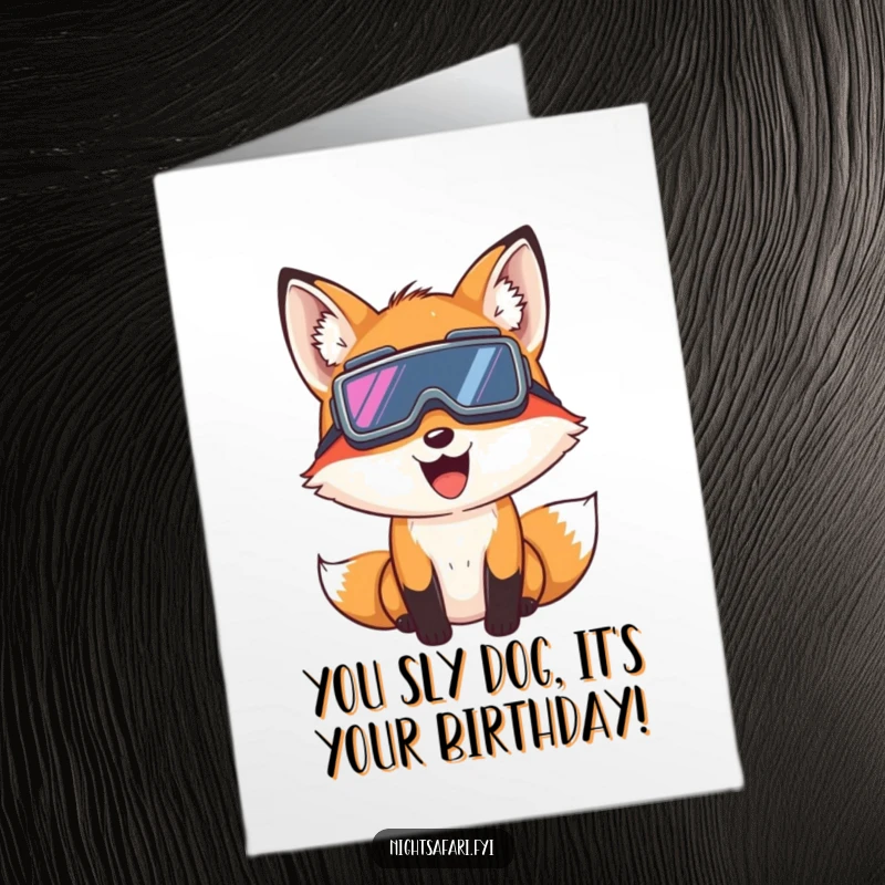 Funny Free Printable Birthday Card: A giggling fox wearing night vision goggles, peeking out for a birthday.