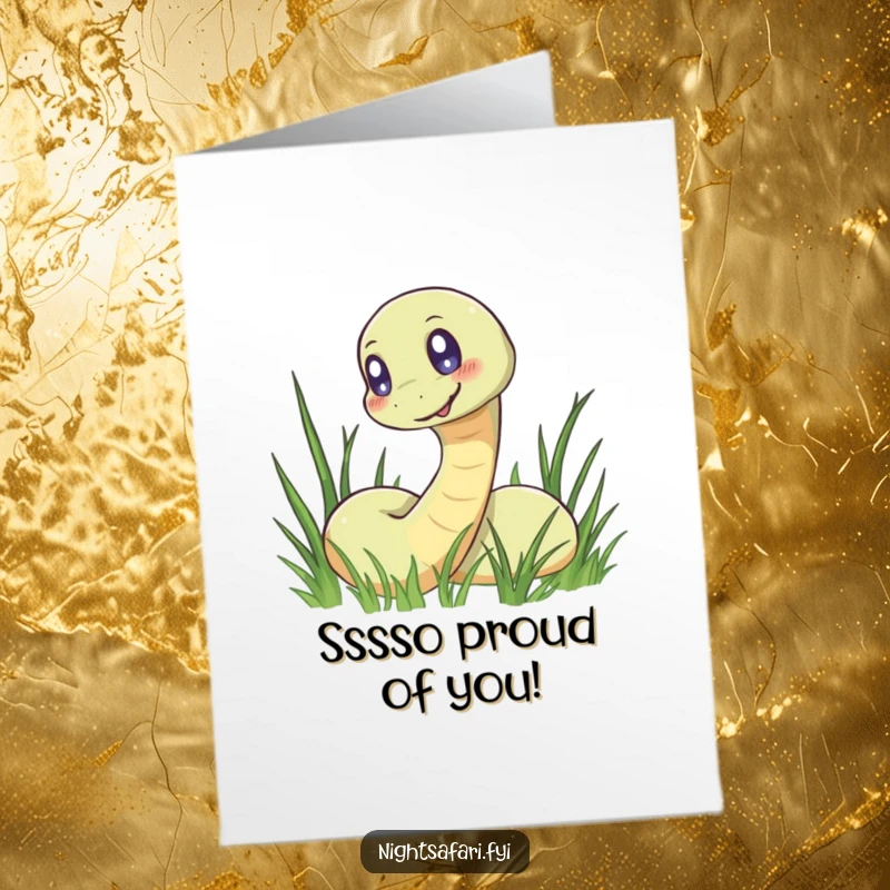 Funny Free Printable Congratulations card with a smiling, glowing-eyed snake ready to slither into their celebration with good wishes.
