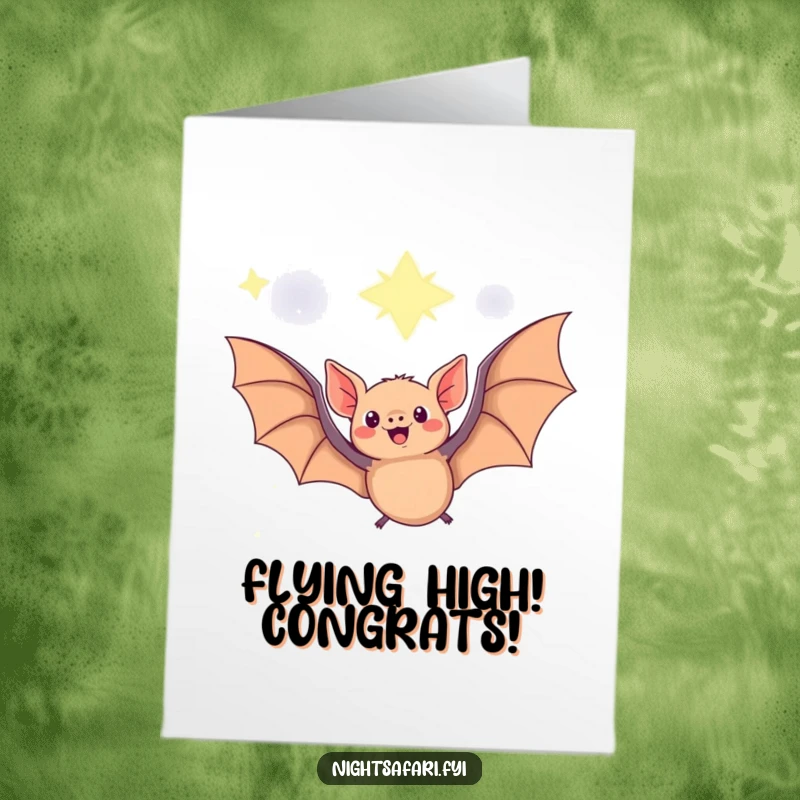 Funny Free Printable Fruit Bat Congratulations Card: A delighted fruit bat flying under stars, celebrating success with a unique twist.