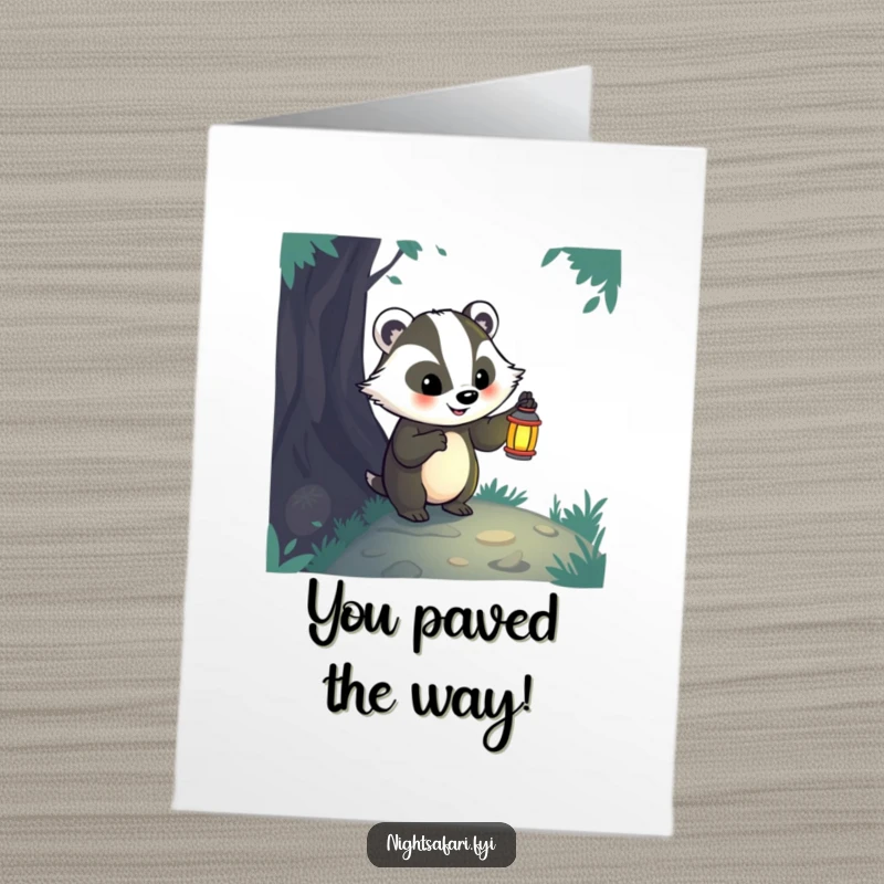 Funny Free Printable Badger Congratulations Card: A happy badger holding a lantern, exploring a dark path, celebrating downloadable achievements.