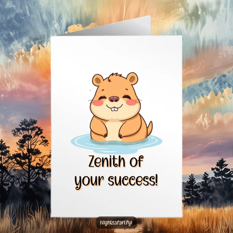 Funny Free Printable Congratulations Card: Cheerful capybara character lounging peacefully by the water, celebrating success with ease.