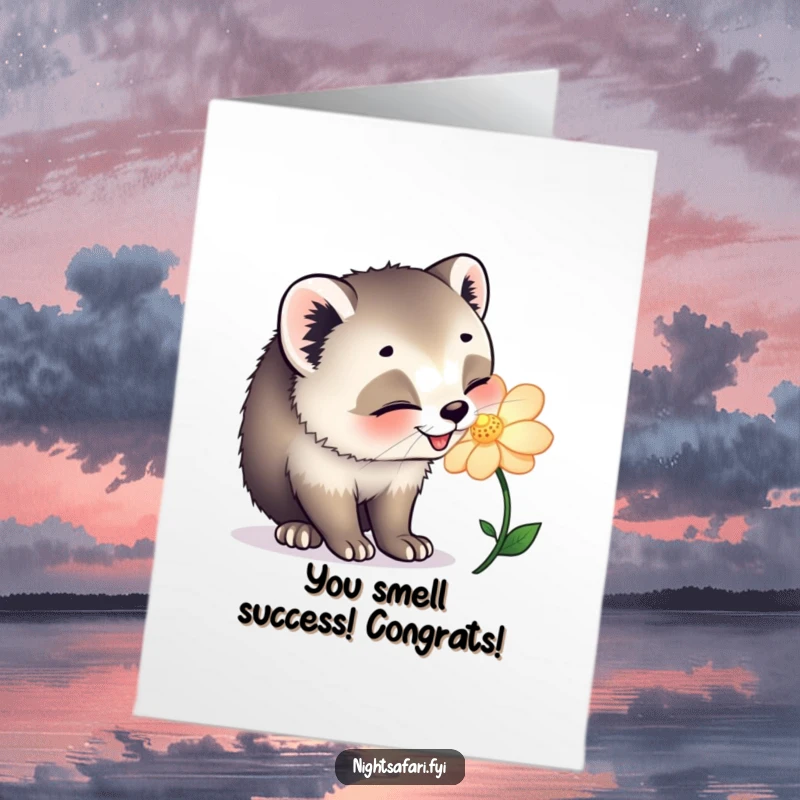 Funny Free Printable Congrats Card: A happy civet cat joyfully sniffs a radiant, glowing flower, symbolizing a wonderful achievement.