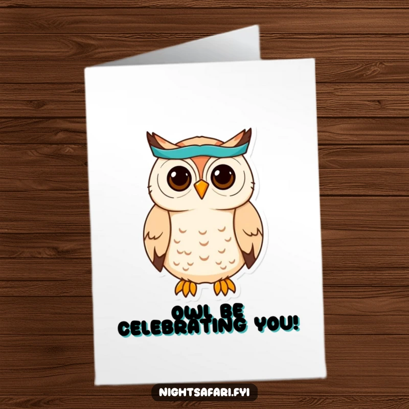 Funny Free Printable Congratulations Card: A cute owl wearing a headband, hooting to celebrate success.