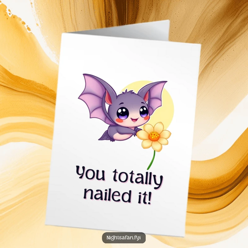 Funny Free Printable Congratulations Card: A bat with huge happy eyes fluttering near a glowing flower, expressing delight.