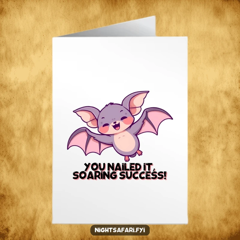 Funny Free Printable Congrats Card: A giggling bat performs an aerial loop with joy, celebrating your success.