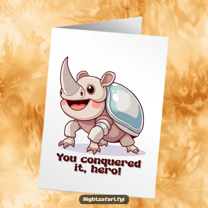 Funny Free Printable Congratulations Card: A joyful rhinoceros beetle in shiny armor making a steady upward crawl.