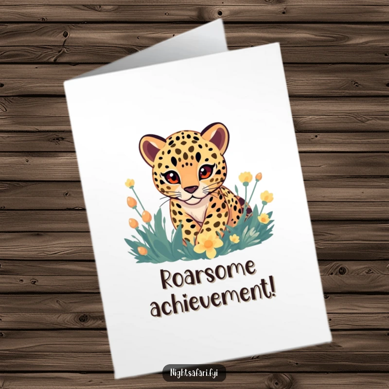 Funny Free Printable Congrats Card: Playful leopard stalking through glowing plants, symbolizing achievement.