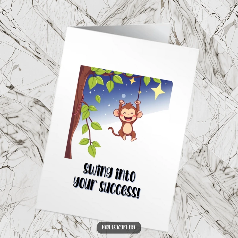 Free Printable Congrats Card: Playful monkey swings gleefully from a vine under a starry sky, celebrating their achievement.