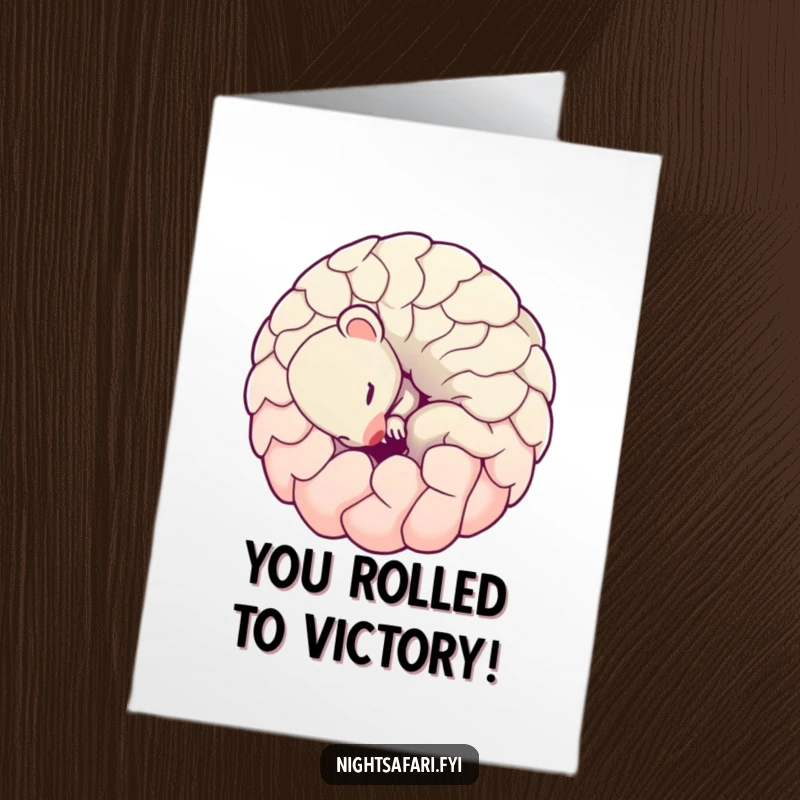 Funny Free Printable Congratulations Card: Shy pangolin curled into a playful ball, showing happy surprise. Cute downloadable art.