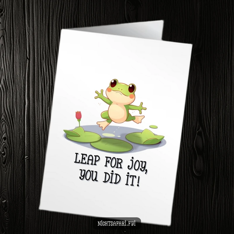 Funny Free Printable Congrats Card: A playful frog leaps between lily pads, celebrating a big win.
