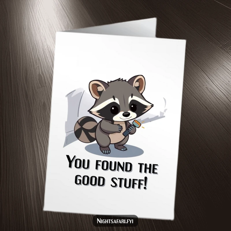 Funny Free Printable Congrats Card: Curious raccoon with flashlight on a path, celebrating your success.