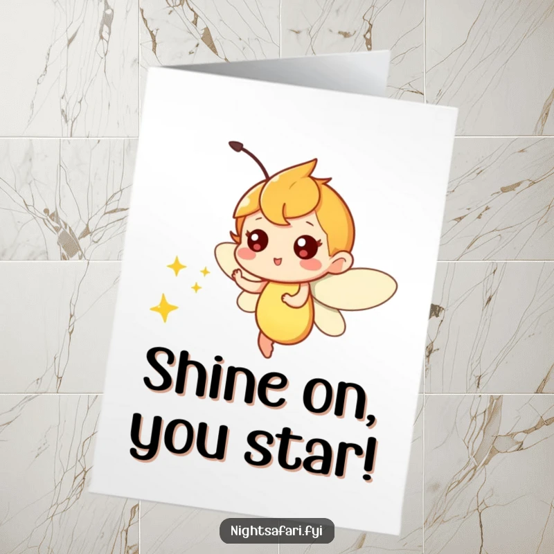 Funny Free Printable Congratulations Card: Firefly character playfully zipping around emitting soft light, perfect for celebrations.