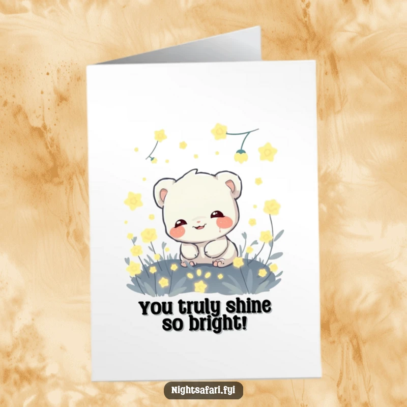 Funny Free Printable Congratulations Card: A giggling shy creature hiding amongst fireflies, celebrating news, ready to print at home.