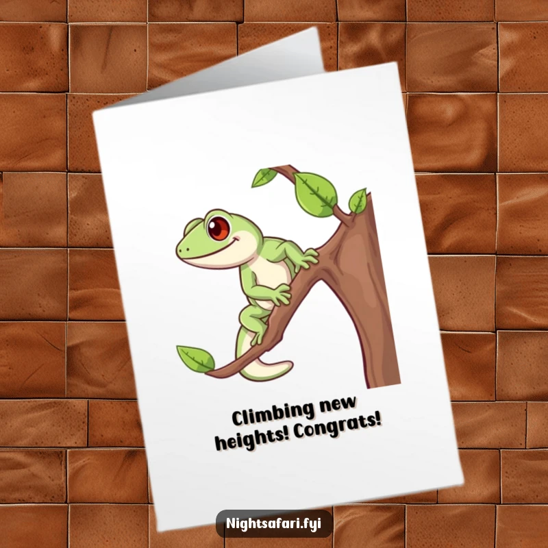 Funny Free Printable Gecko Congratulations Card: A cheerful gecko energetically climbing, celebrating your amazing achievements. Download now!