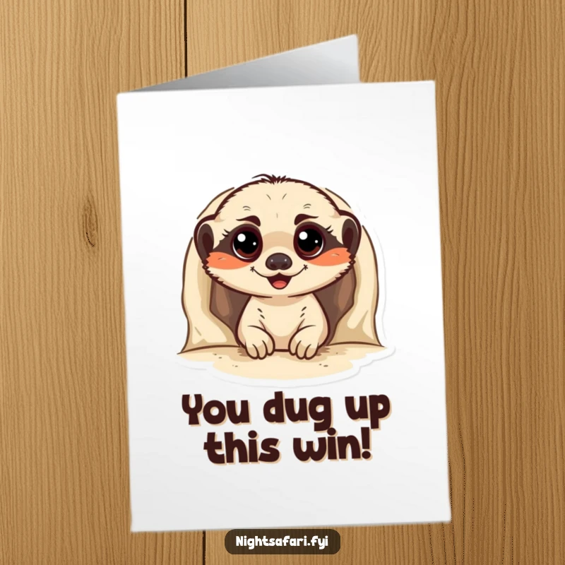 Funny Free Printable Congratulations Card: Meerkat popping out of burrow, expressing surprise and joy for achievements. Downloadable.