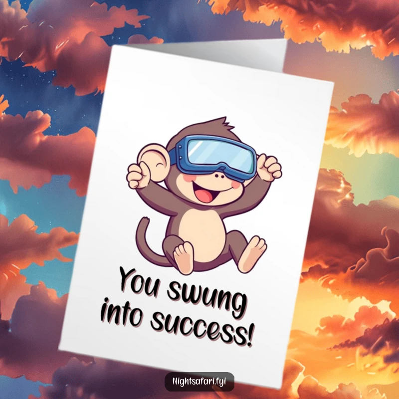 Funny Free Printable Congratulations Card: Monkey wearing night vision goggles, swinging triumphantly after a successful mission. Downloadable.