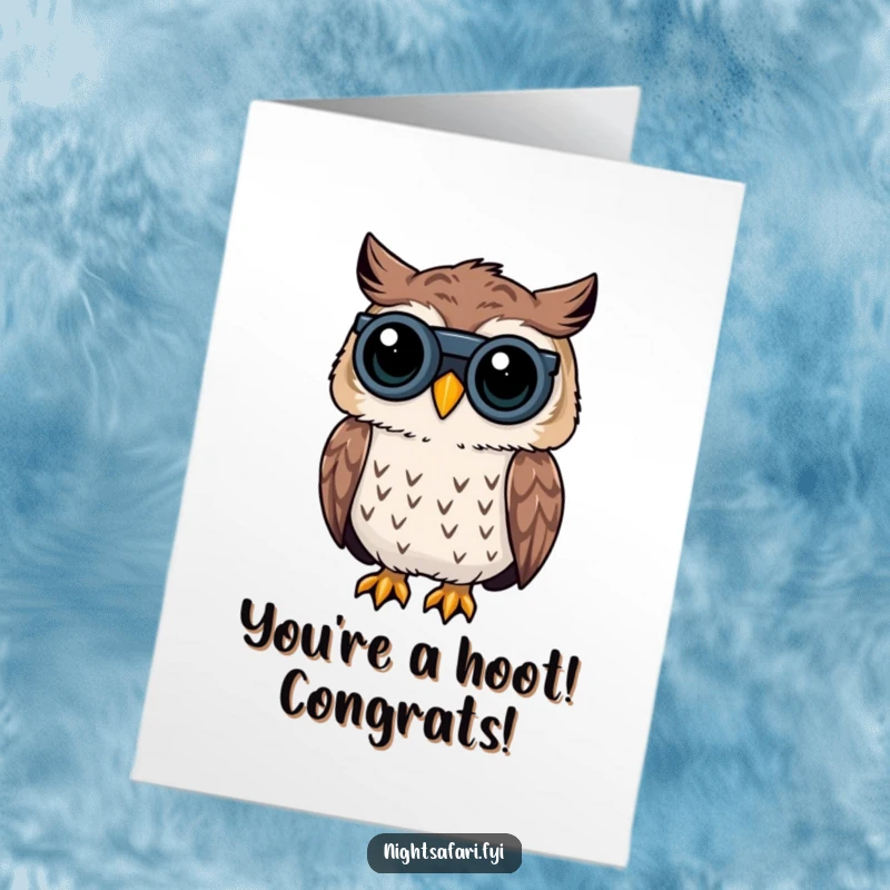 Funny Free Printable Congratulations Card: A curious owl uses binoculars to spot and celebrate your success.