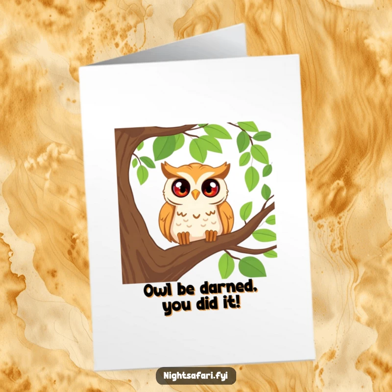 Funny Free Printable Congratulations Card: A curious owl perched on a branch, sharing good news, great for print at home.