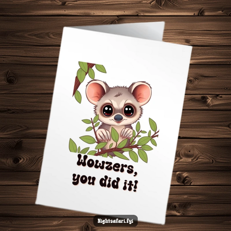 Funny Free Printable Congratulations Card: A curious bushbaby with big eyes peeking from foliage, expressing congratulations.