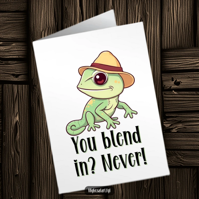 Funny Free Printable Congratulations Card: Cheerful chameleon in safari hat, celebrating success with colorful changes.