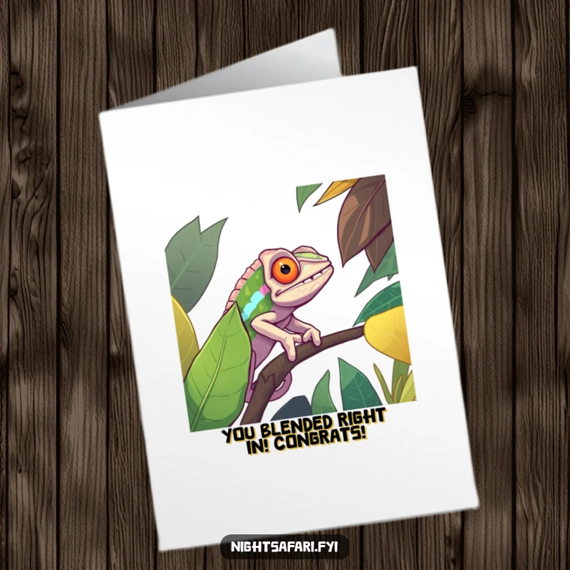 Funny Free Printable Congratulations Card: A determined chameleon camouflaged on a vibrant leaf, celebrating your perfect achievement.