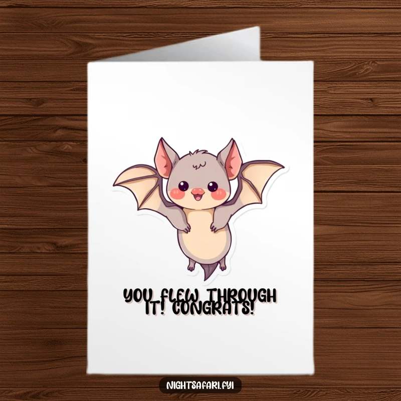 Funny Free Printable Congratulations card capturing a curious bat with tiny wings performing a playful loop to celebrate.