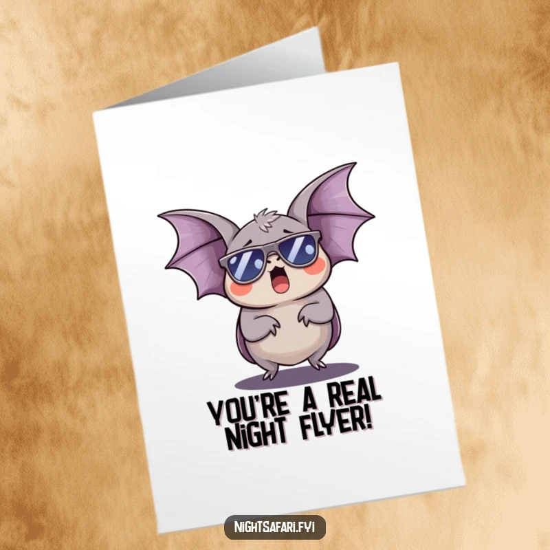 Funny Free Printable Congrats Card: A sleepy bat in sunglasses yawning, perfectly capturing a relaxed celebration.