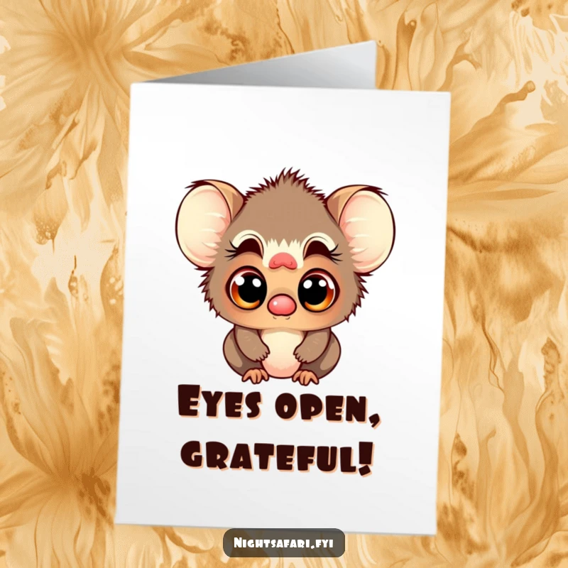 Funny Free Printable Thank You Card: Playful tarsier character with large, curious eyes looking gratefully.