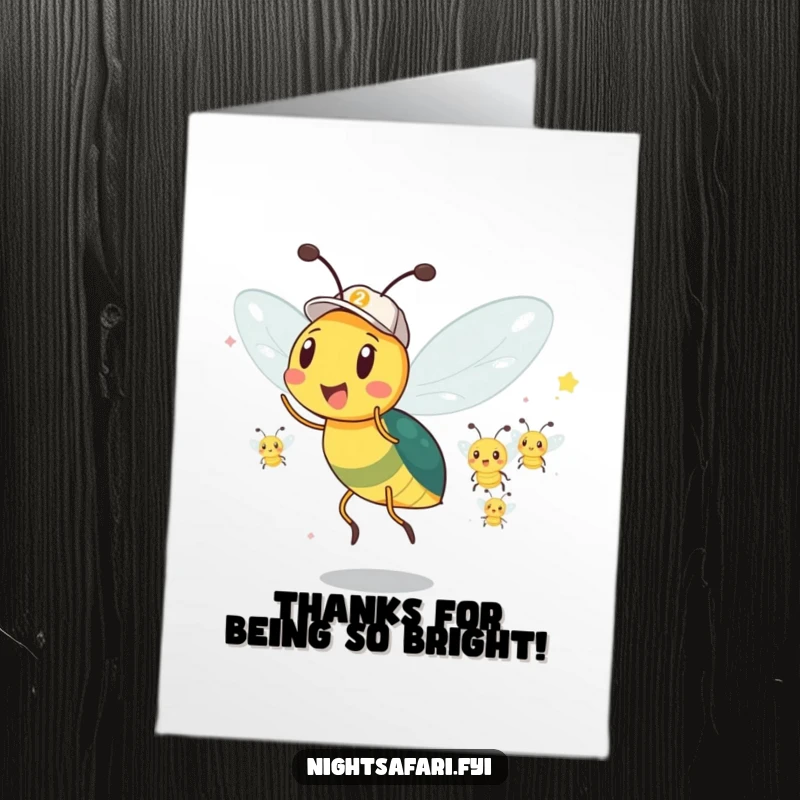 Funny Free Printable Thank You Card: An excited firefly leading a parade, glowing with thanks.