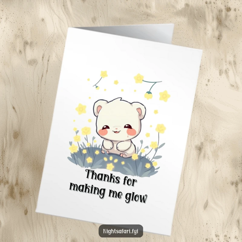 Funny Free Printable Thank You Card: A giggling shy creature hidden amongst fireflies, expressing thanks, ideal for print at home.