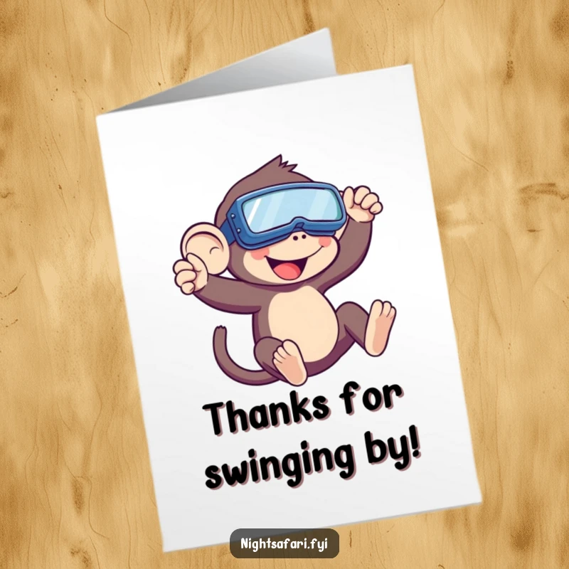 Funny Free Printable Thank You Card: Playful monkey with night vision goggles, swinging to express thanks. Downloadable.