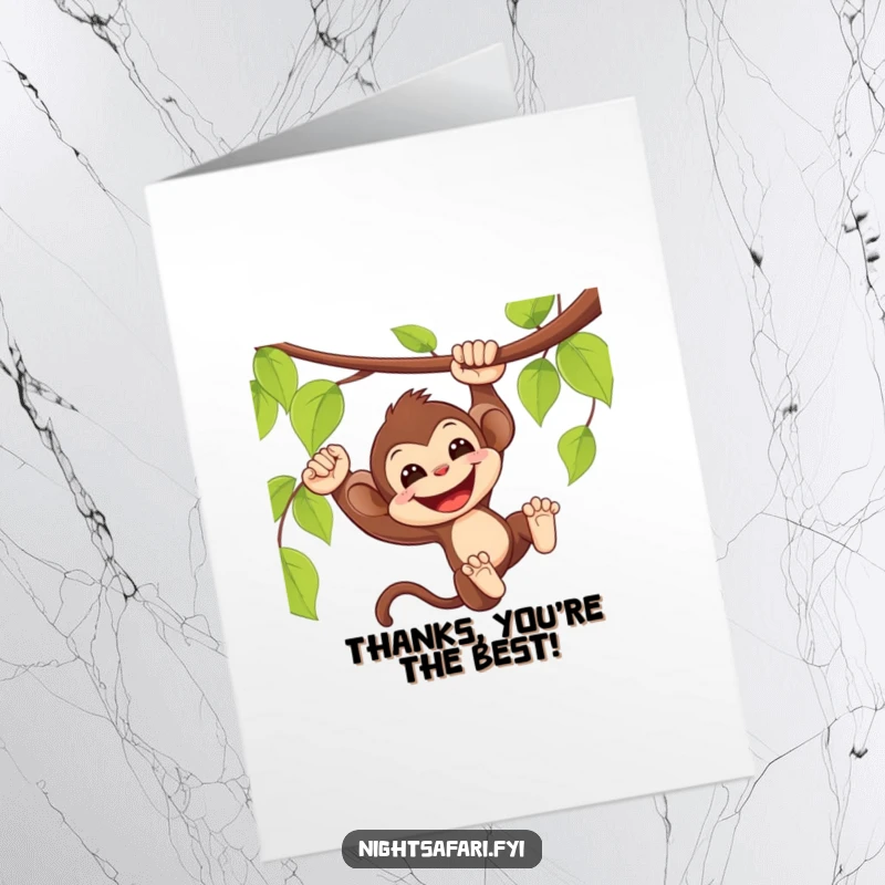 Funny Free Printable Thank You Card: Delighted monkey swinging from a vine with a smile, a downloadable DIY gift of thanks.