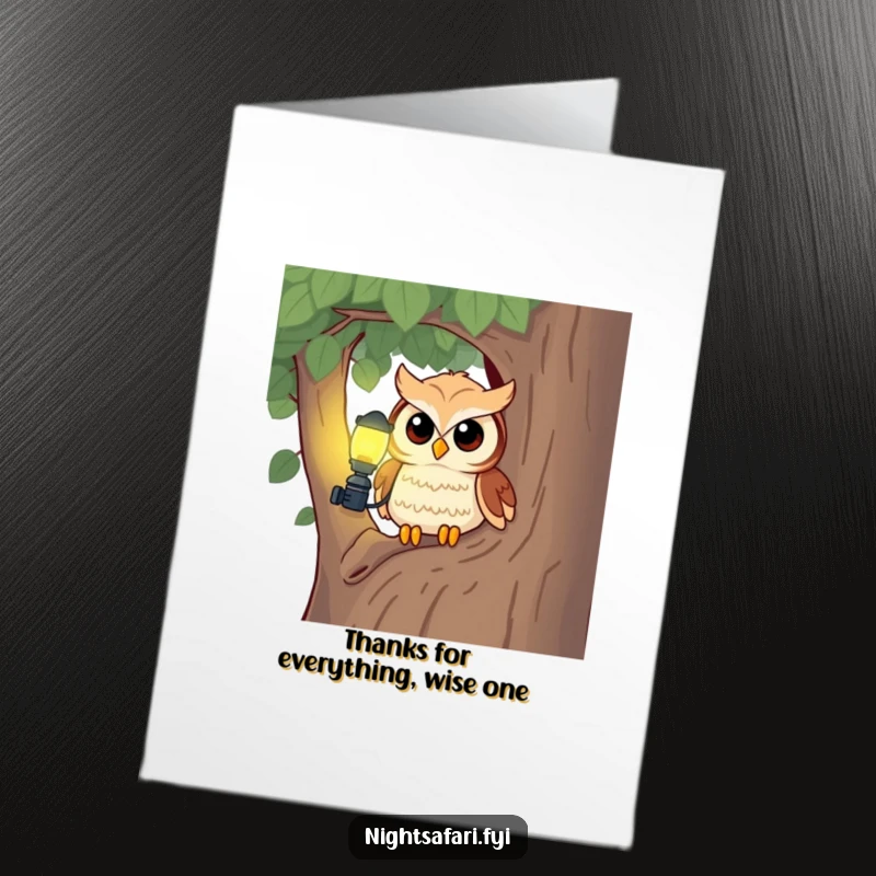 Funny Free Printable Owl Thank You Card: A cute, headlamp-wearing owl peeking from a tree, conveying downloadable thanks with curiosity.
