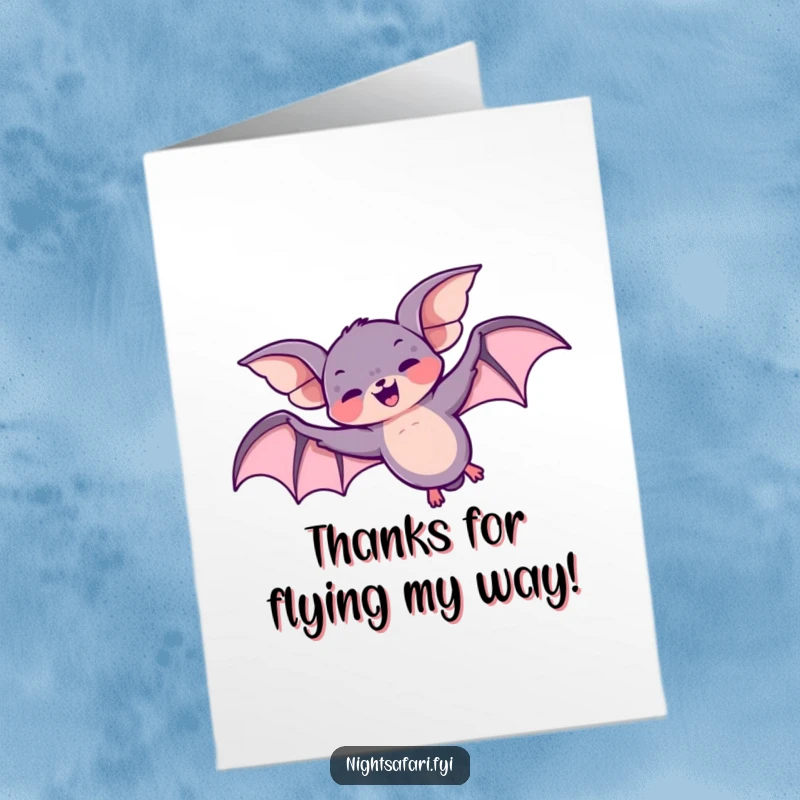 Funny Free Printable Thank You Card: A giggling bat does a joyful loop-the-loop, conveying heartfelt thanks.
