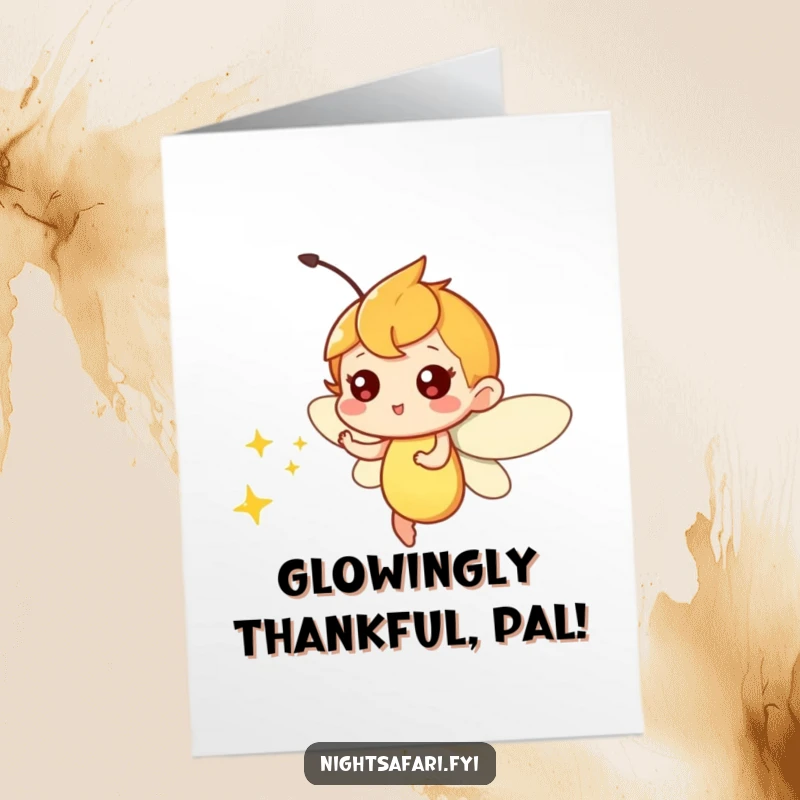 Funny Free Printable Thank You Card: Firefly character playfully zipping around emitting soft light, a magical DIY gift.