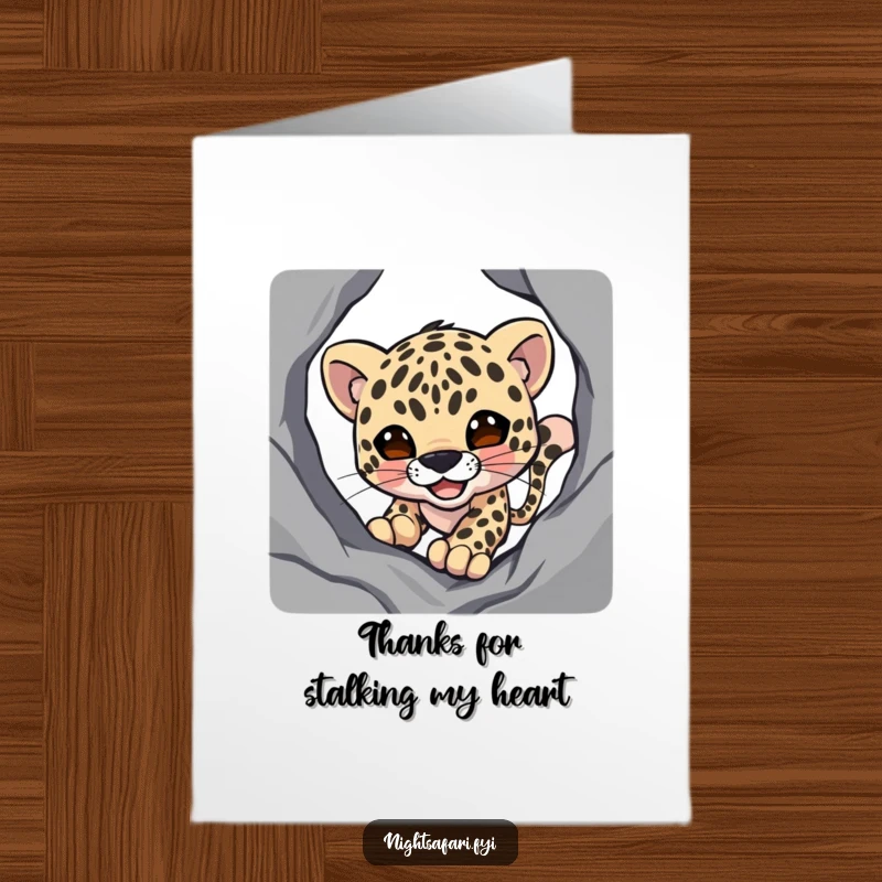 Funny Free Printable Thank You Card: A smiling leopard emerges from shadows, slyly expressing thanks.