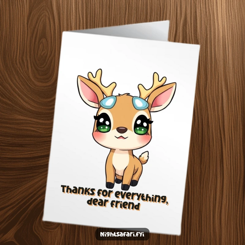 Funny Free Printable Thank You Card: A surprised deer wearing glowing eyes, looking up with thanks.